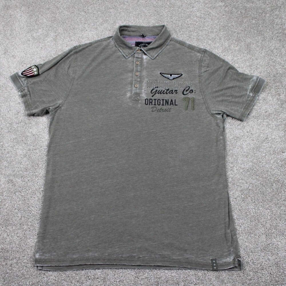 Hard Rock Guitar Polo Shirt Men 2XL XXL Green Super Thin Cotton/Poly S/S Patched